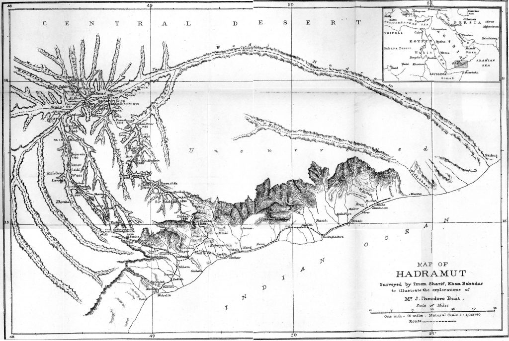 Imam Sharif’s map of the Bents’ expedition to the Wadi Hadramaut, 1894. From Theodore Bent’s 1894 paper for the Royal Geographical Society. Image © The Bent Archive